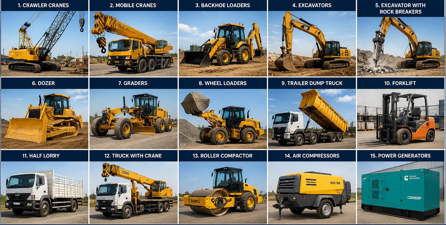 Photo grid of the equipment fleet: crawler cranes, mobile cranes, backhoe loaders, excavators, dozers, graders, wheel loaders, dump trucks, forklifts, compressors and generators
