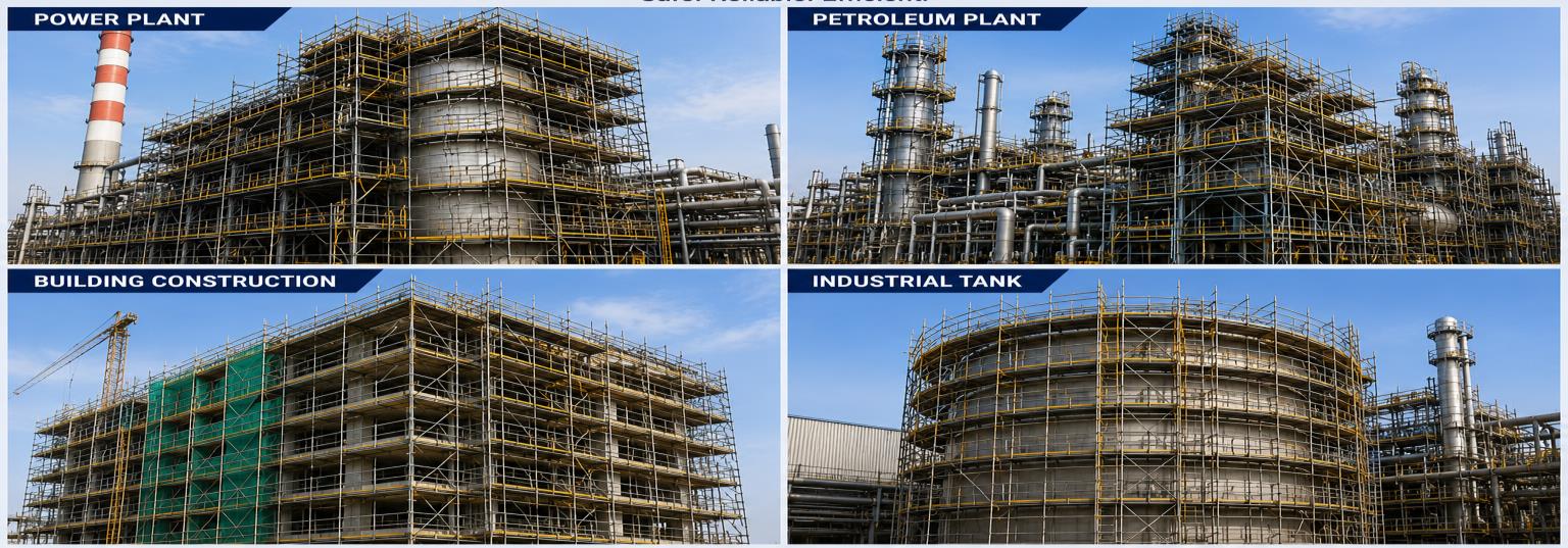 Scaffolding around power plant, petroleum plant, building and industrial tank projects