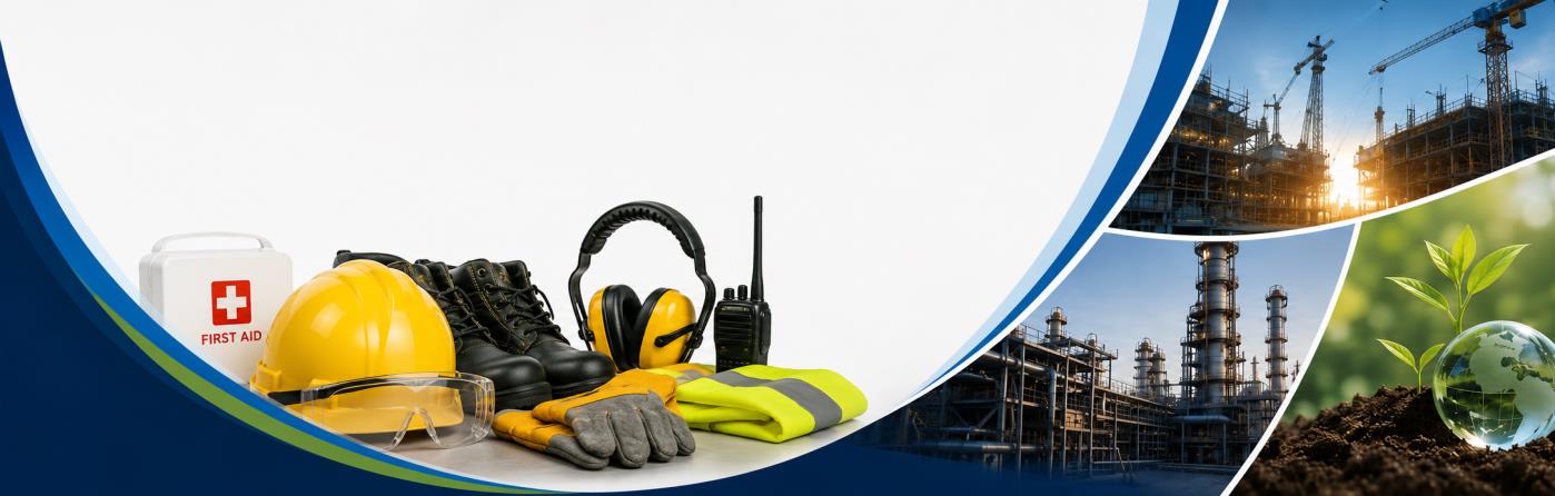 Hard hat, ear defenders, safety gloves, first aid kit and radio in front of an industrial plant